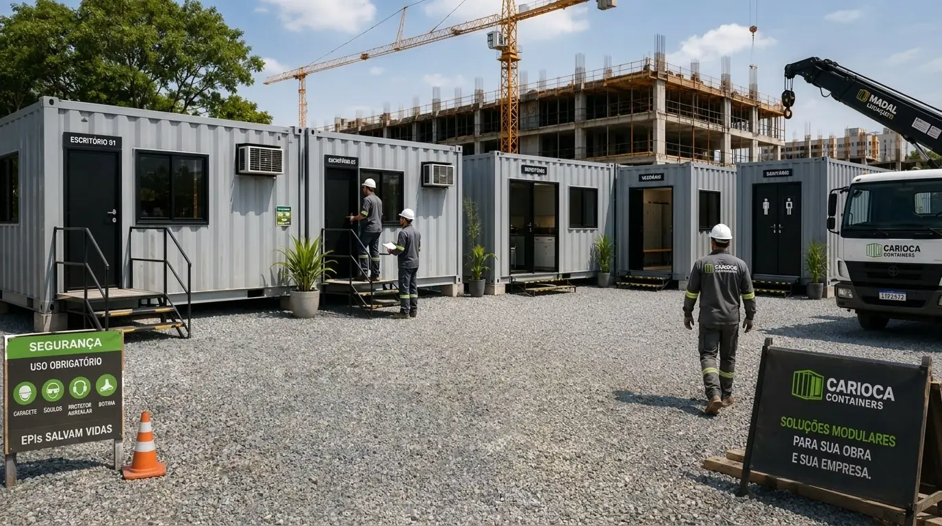 Canteiro de obras com containers da Carioca Containers